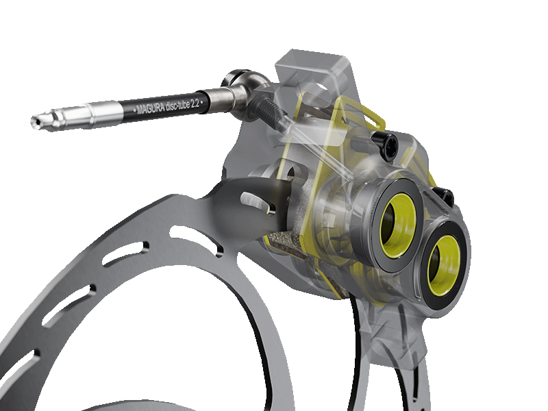 Detailed view of a MAGURA brake caliper with partially transparent representation to reveal the internal components.